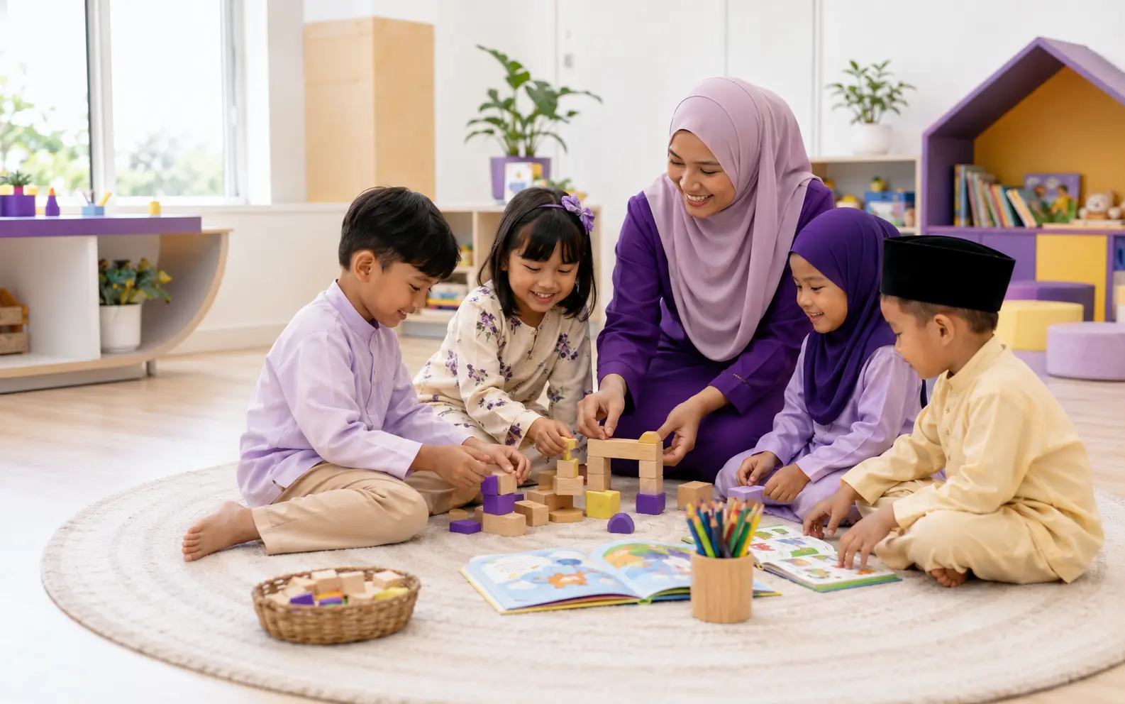 Guru dan kanak-kanak belajar serta bermain di pusat Suria Edukids